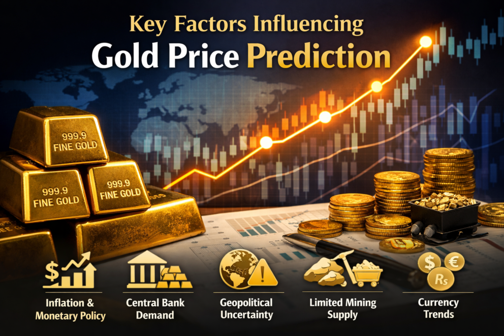 Key factors influencing gold price prediction including inflation, central bank demand, and global market trends